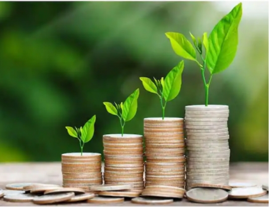 Small plants sprouting out of old gold and silver coins stacked on top of each other.